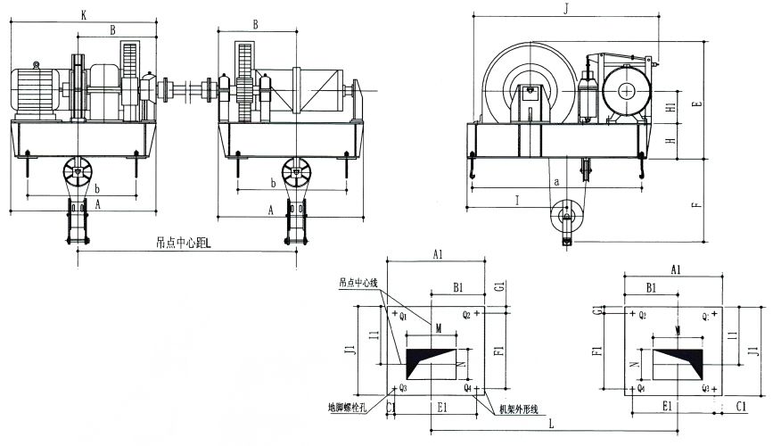 QPK2×50KN-QPK2×250KN系列卷?yè)P(yáng)式雙吊點(diǎn)啟閉機(jī)外形及基礎(chǔ)布置示意圖