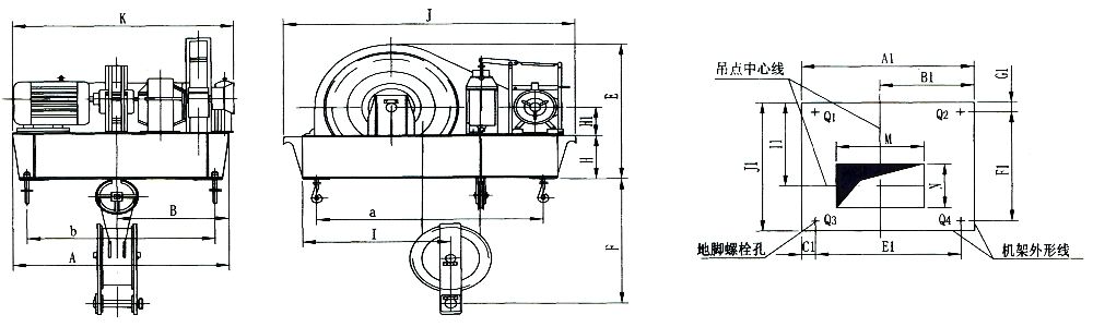 QPK1×50KN-QPK1×250KN系列卷揚(yáng)式單吊點(diǎn)啟閉機(jī)外形及基礎(chǔ)布置示意圖