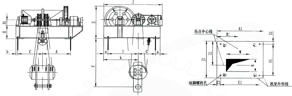 QPK1×400KN-QPK1×1250KN系列卷揚(yáng)式單吊點(diǎn)啟閉機(jī)外形及基礎(chǔ)布置示意圖