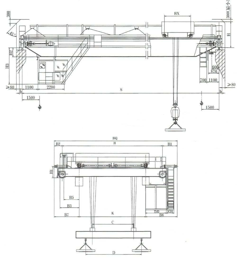 QCL型電磁掛梁橋式起重機外形與主要尺寸圖